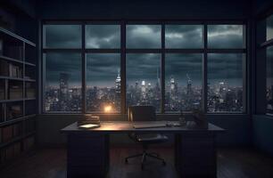 Office interior with panoramic window and city view. photo