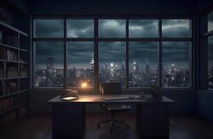 Office interior with panoramic window and city view. AI Generated photo