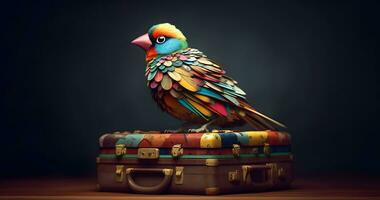 A parrot sits on a travel suitcase AI Generated photo