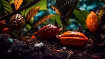 cacao frutas, cacao vainas en un oscuro antecedentes foto