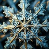 Close-up of a metal snowflake in the form of a star. photo