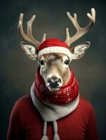 Christmas deer wearing red sweater, scarf and hat on dark background. photo