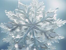 Macro closeup of beautiful snowflake on blue background, shallow depth of field. photo
