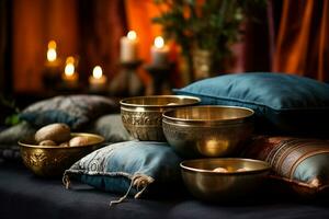 Assortment of singing bowls made of brass, placed on cushions and cloth backdrops. AI generated. photo