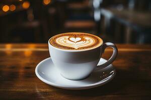 Heart shaped latte art in white ceramic mug on saucer, detailed texture of milk, soft focus background. AI Generated. photo