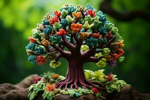 The Tree of Life, bound in greenery with gem-colored leaves, sits atop a rock and signifies growth, strength, and interconnection. AI Generated. photo