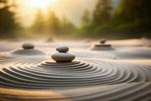 Stones arranged in a zen garden, raked waves in the sand - balance and stability concept. AI generated. photo