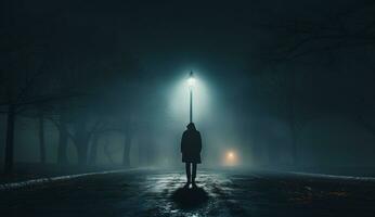 un oscuro figura soportes debajo un luz de la calle en un vacío la carretera a noche, niebla en el aire. temperamental Encendiendo, desaturado colores. ai generado. foto