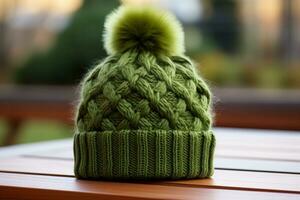 A close up view of a green crocheted beanie with a faux fur pompom, resting on a wooden surface, shallow depth of field. AI Generated. photo