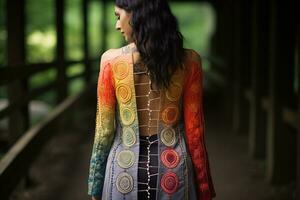 A woman wearing a beautiful bright coat with chakra symbols embroidered on the back and expressing energy, balance and awareness. AI Generated. photo