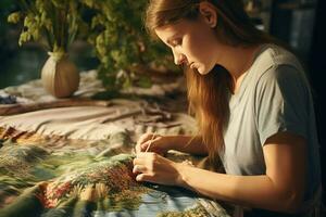 un mujer se sienta a un de coser mesa y borda un tropical paisaje en cruzar puntada en tela. ai generado. foto