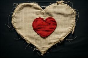 A heart shape embroidered with red thread on burlap, stitches are very small and even. Lit dramatically to emphasize love and compassion. AI Generated. photo
