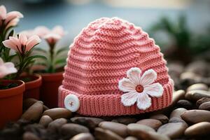 An adorable handmade knitted baby hat in pink with a flower embellishment sitting on a pile of smooth rocks. AI Generated. photo
