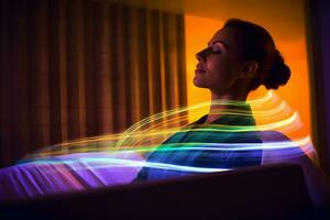 A young woman with a wave-light aura in the relaxing atmosphere of a Spa salon. Generative AI illustration. photo