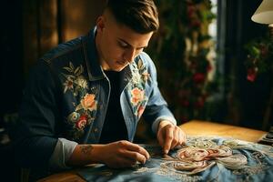 un joven hombre enfocado en bordar floral diseños sobre un mezclilla chaqueta. ai generado. foto