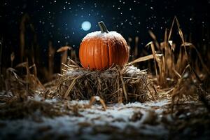 An orange pumpkin covered in snow sitting on top of a haystack in a field at night. A symbol of fall, harvest and approaching winter. AI Generated. photo