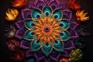 A colorful crocheted mandala, made up of intricate crochet stitches and surrounded by flowers. Reflection of wholeness, unity and interconnection. AI Generated. photo