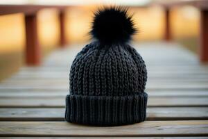 A close up view of a black crocheted beanie with a faux fur pompom, resting on a wooden surface, shallow depth of field. AI Generated. photo