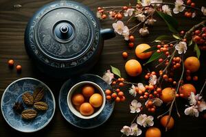 Top-down view of a spread of seasonal Asian fruits and sakura flowers next to a cast tetsubin teapot. Flatlay composition, indirect sunlight. AI Generated. photo