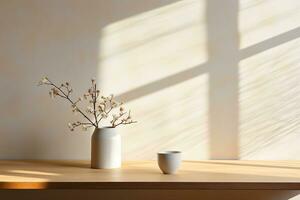 un blanco taza y un caerámico florero con floreciente ramas en un madera mesa. natural ventana Encendiendo, suave rayo de sol, mínimo cocina concepto. ai generado. foto