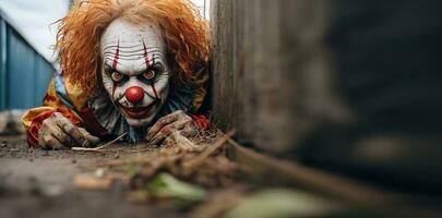 A creepy clown peeking around a corner. AI Generated. photo
