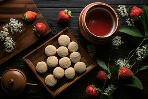 Top down view of a spread of strawberries, green tea mochi, and dango on a wooden tray. AI Generated. photo