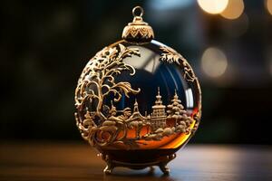 A simple and elegant blue glass Christmas tree ornament sitting on top of a wooden table. Reminder of the joy of the holiday season. AI Generated. photo