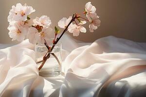 A small branch of cherry blossoms in a transparent glass vase on a thin satin fabric. Cream colored background, gentle shadows. AI Generated. photo