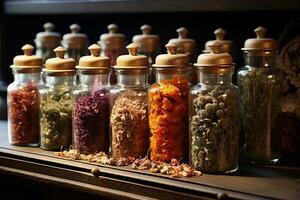 Antique apothecary jars filled with herbs, dried flowers, sea salts. AI generated. photo