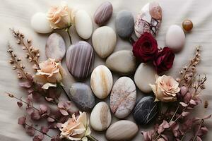 Assorted smooth stones and dried roses on a light fabric surface. Top-down view, balance and harmony concept. AI Generated. photo