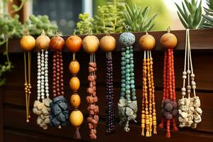 A collection of mala prayer beads - jade, sandalwood, rudraksha seeds - hanging decoratively on a shelf. AI generated. photo