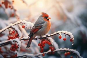 A snowy rowan tree branch with red berries and a cardinal, morning sunrise rays shining through. Beauty of nature in winter concept. AI Generated. photo