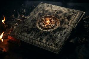 Old book with pentagram and runes on cover, symbol of mystery, magic, and occult practices. AI Generated. photo