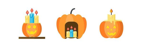 Set of vector cartoon Halloween pumpkin candles. Collection of funny and scary icons Isolated flat style design illustration.