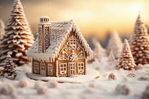A gingerbread house made of a variety of cookies surrounded by snow-covered trees and decorated with icing, candy, and other edible items. AI Generated. photo