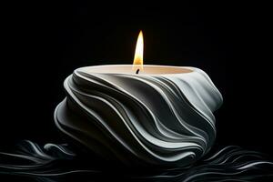 A white candle burning in ornamental ceramic holder on a dark background. Symbol of hope, love, or peace, reminder of the beauty and fragility of life. AI Generated. photo