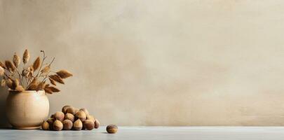 A minimalist still life of hazelnuts arranged on a neutral beige background. Simple ingredients table aesthetic. AI Generated. photo