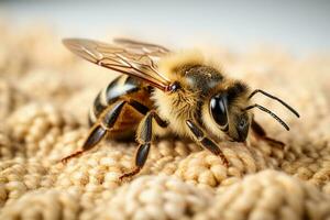 Honey black and yellow bee with a fluffy body and long thin legs on a linen tea towel. Close-up view, vibrant colors, detailed and lifelike image. AI Generated. photo