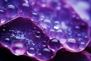 Water droplets forming on an amethyst geode, backlit to bring out purple hues. Close-up view, shallow depth of field, spa-like mood. AI generated. photo