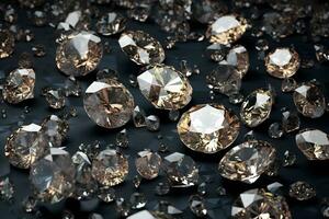 A pile of polished diamonds of various sizes on a black surface. Generative AI illustration. photo