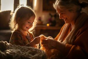 un dulce niño - un pequeño nieta - es aprendizaje a tejer con su abuela. tipo y sentido atmósfera. ai generado. foto