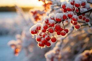 A branch of red hawthorn berries covered in snow. Symbol of hope and resilience. AI Generated. photo