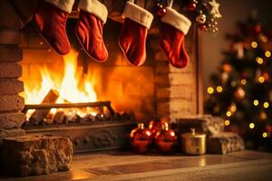 A red and white Christmas stocking hanging from a fireplace. Festive and magic atmosphere. AI Generated. photo
