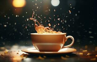 Macro shot of tea drops splashing into a ceramic cup. Ideal for beverage and meditation themes. photo