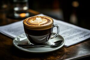 A wooden table with paper documents and coffee cup. Still life arranged in a simple, textured style. AI Generated. photo