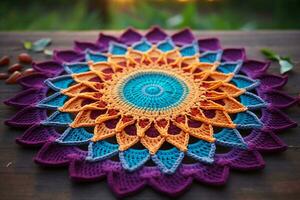 A mandala crocheted in jewel tones to reflect wholeness, unity and interconnection AI Generated. photo