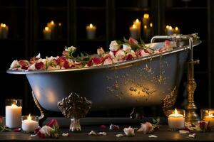 A bathtub filled with variety of flowers, flower petals and it is surrounded by candles. Romance, relaxation and de-stress concept. AI Generated. photo