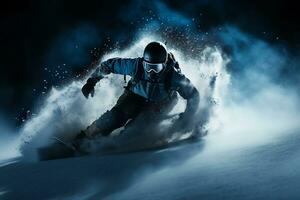 un hombre en un casco con rapidez Snowboarding abajo un cubierto de nieve pendiente. disfrutando el emoción de Snowboarding concepto. ai generado. foto