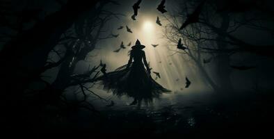 Silhouette of woman in long black dress surrounded by bats, barren landscape, symbol of fear and mystery. AI Generated. photo