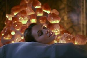 Young woman relaxing in Spa salon with a glowing pile of Himalayan crystals. Wellness treatment concept, Generative AI illustration. photo